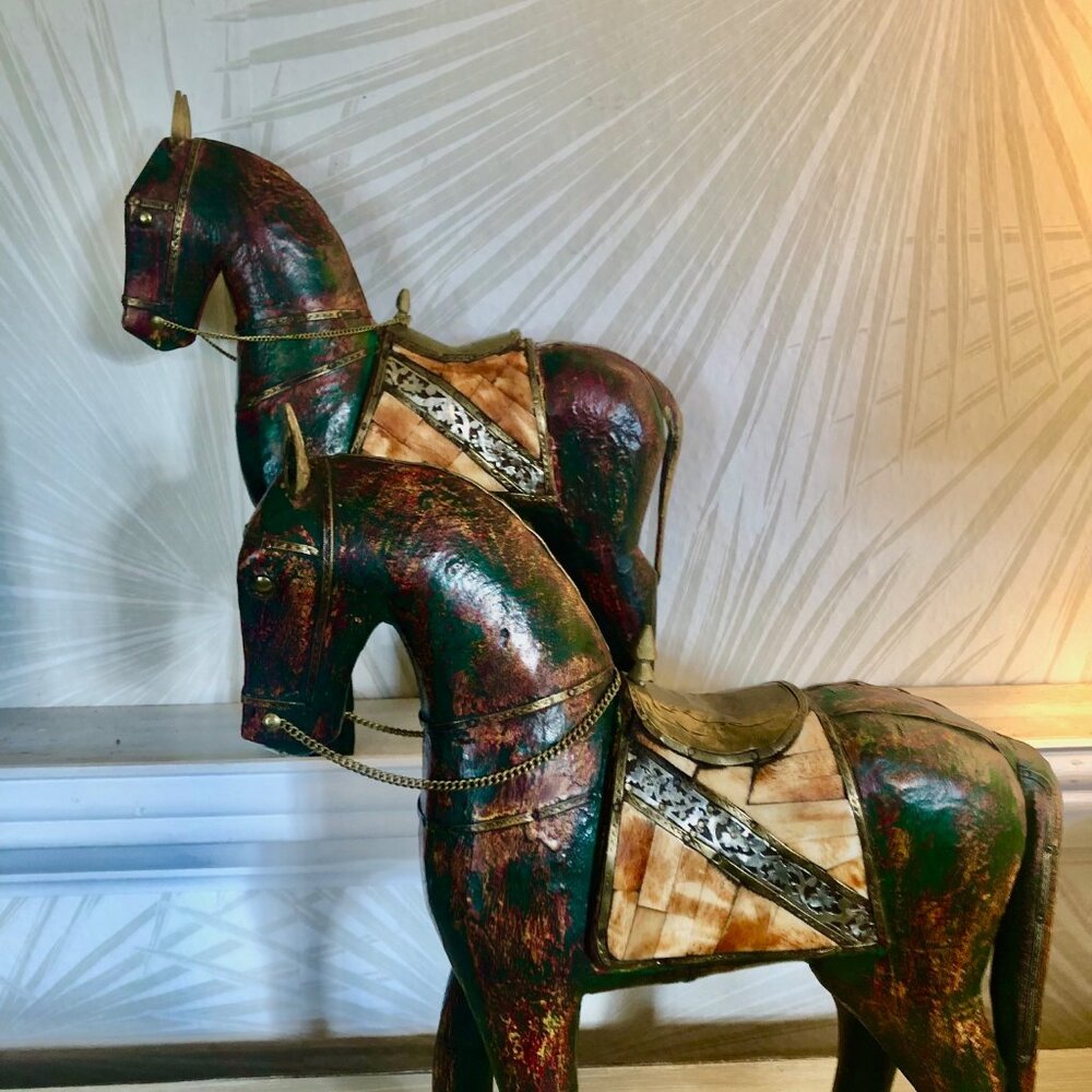 Vintage Handcarved Wooden Horses with Brass and Copper Accents Beautiful Patina
